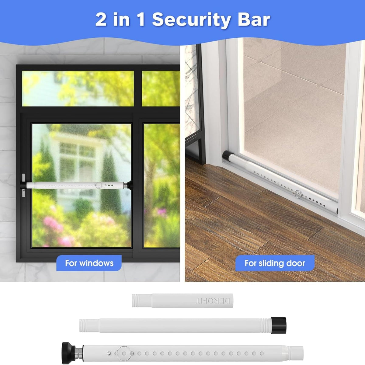 DEROFIT 2-in-1 security bar enables use on doors or windows