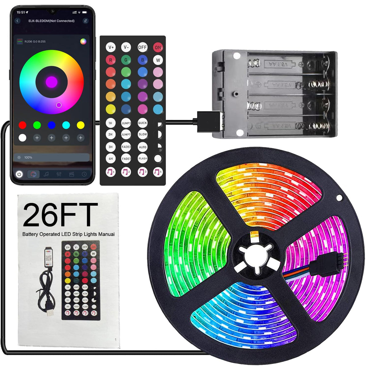 Dervacle battery-operated LED strip 26 ft for cordless room lighting and decor