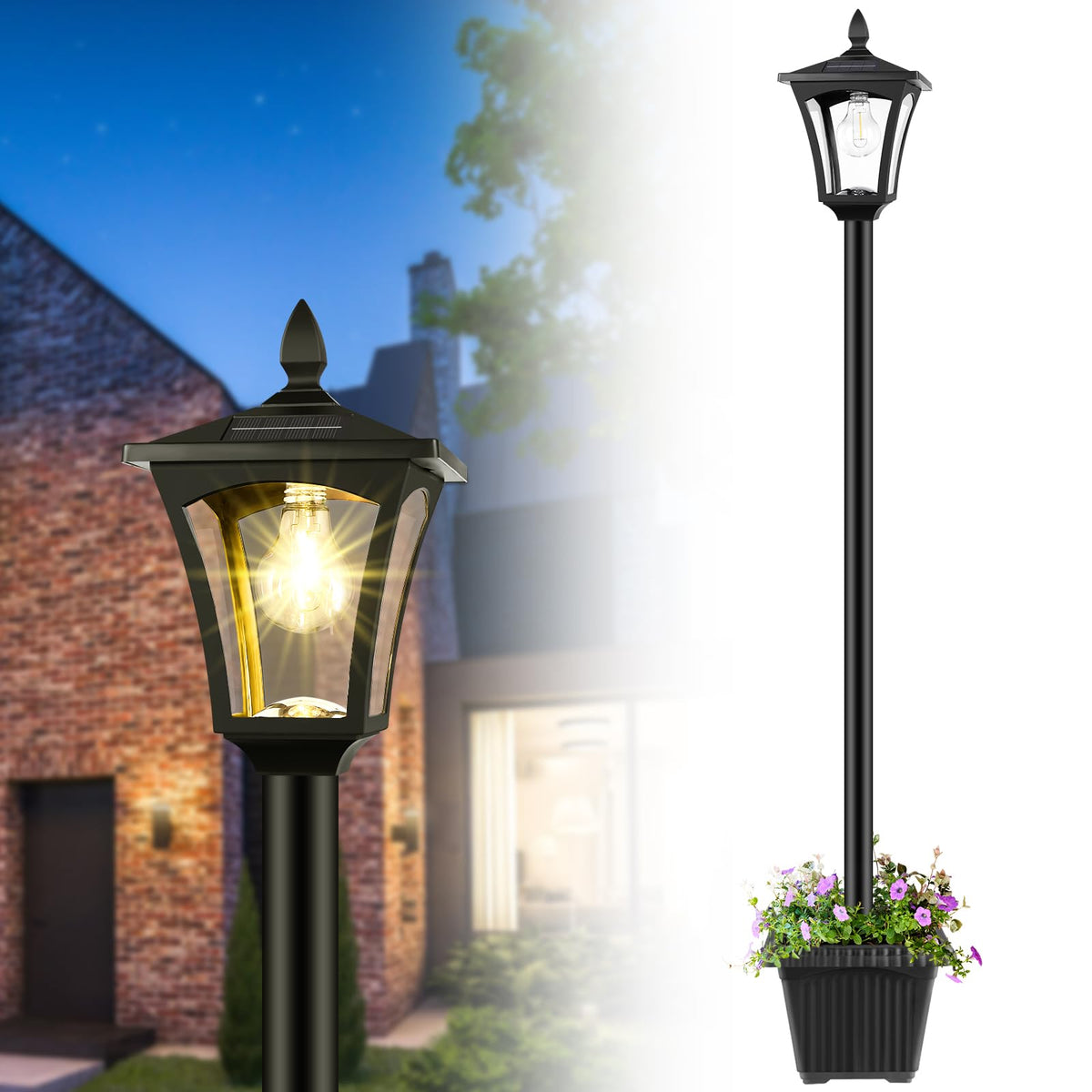 Derynome 72-inch solar post lamp with planter brightens walkways safely and efficiently.