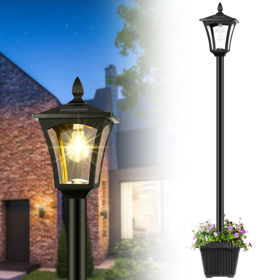 Derynome 72-inch solar post lamp with planter brightens walkways safely and efficiently.