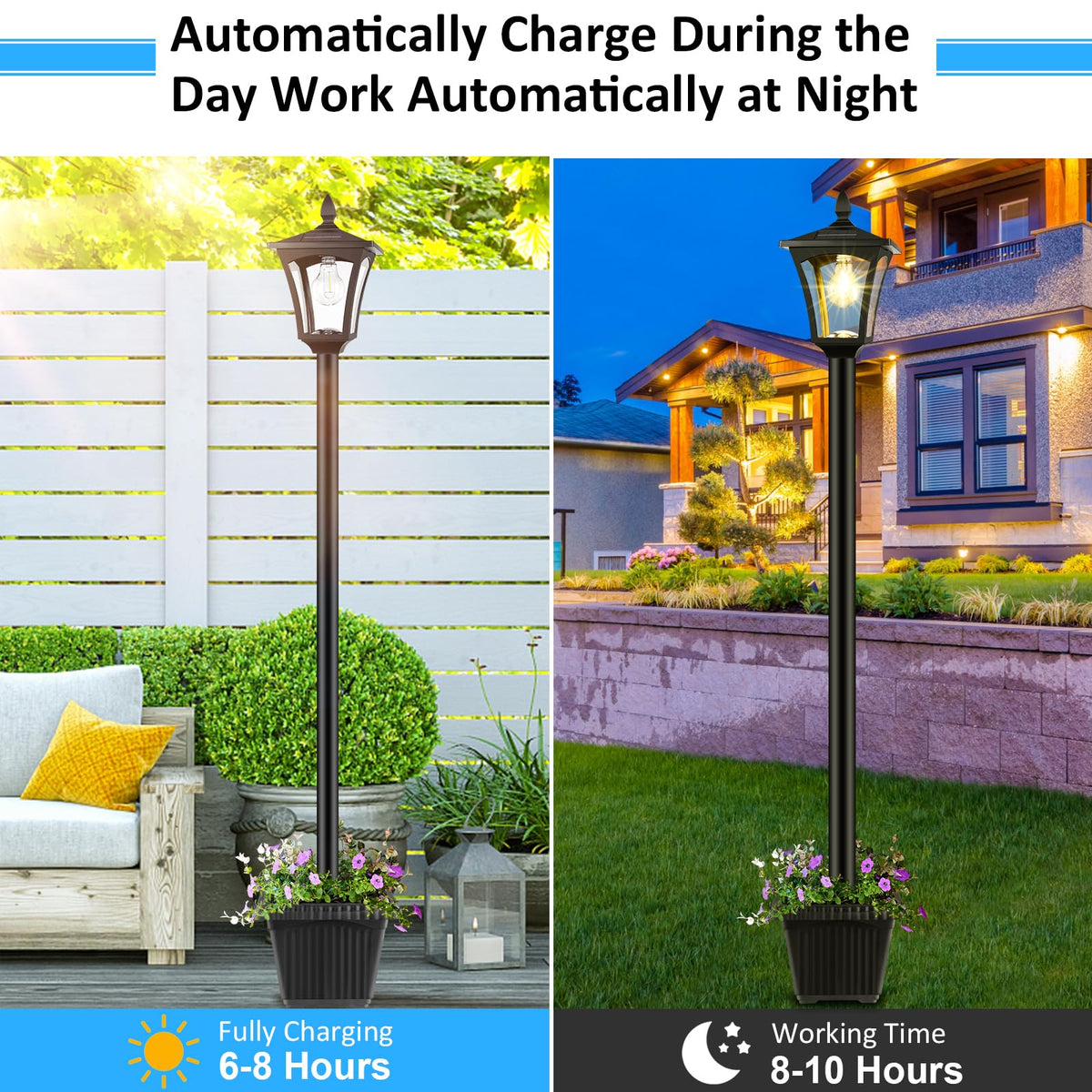 Derynome outdoor post light at dusk creates a soft garden ambiance.
