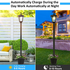 Derynome outdoor post light at dusk creates a soft garden ambiance.