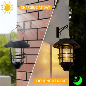 Derynome solar lantern closeup clear glass shows elegant details for evening ambiance.