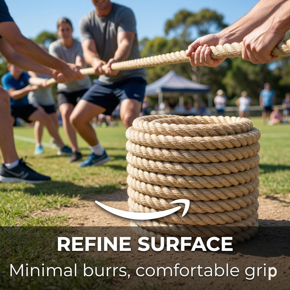 DerziNet hemp rope outdoors tip image shows shrinkage when wet.