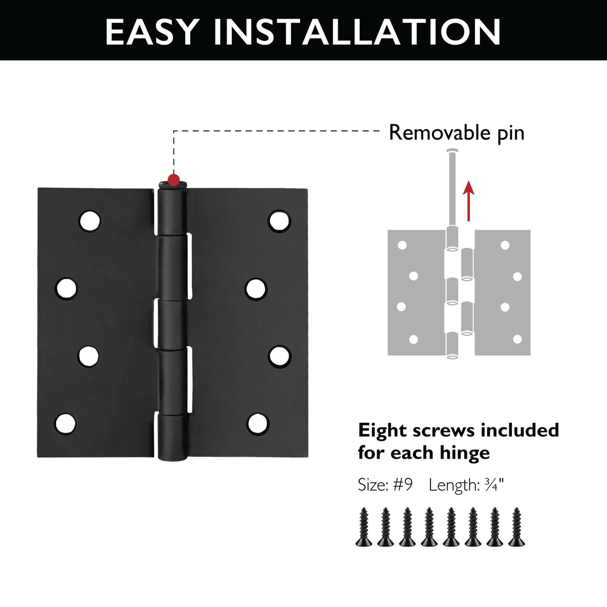 Design House hinges compatible with left- and right-handed doors in matte black.