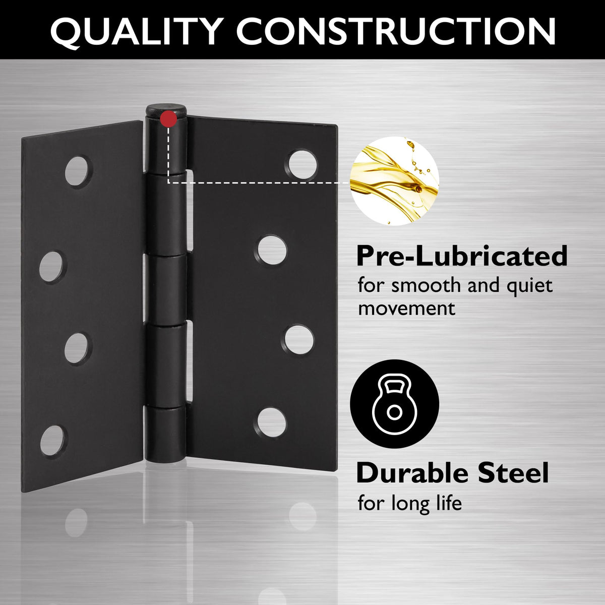 Design House hinges with removable pin for easy door removal.