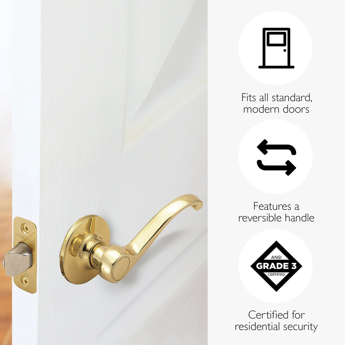 Design House Scroll Lever on door in place improves access in bedrooms and closets.