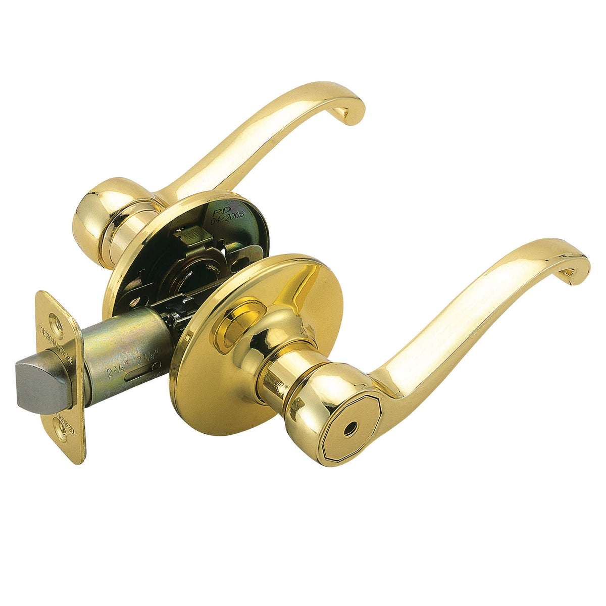 Design House Scroll Privacy Door Lever polished brass front view, adds classic elegance to bedrooms.