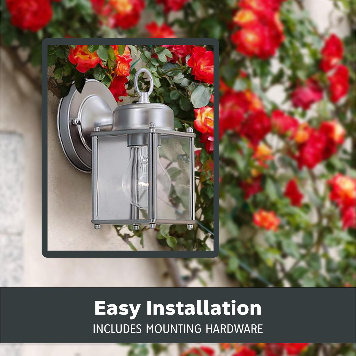 Preston lantern lit on a porch at night creates inviting exterior lighting by Designers Fountain.