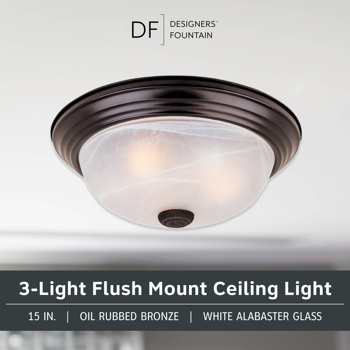 Designers Fountain Reedley white alabaster glass shade for soft, reduced glare illumination.