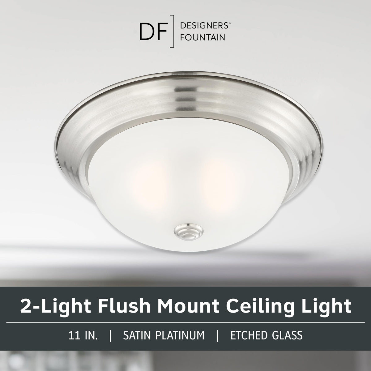 DESIGNERS FOUNTAIN satin platinum etched glass shade softens light.