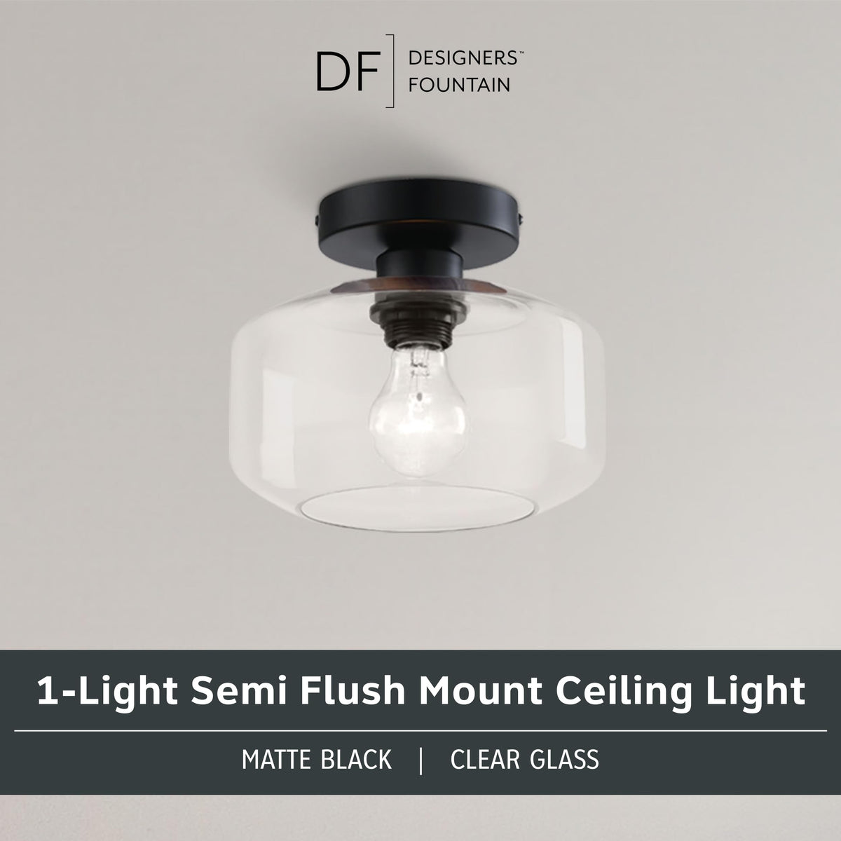 Designers Fountain semi flush ceiling light with a clear glass shade for soft illumination.