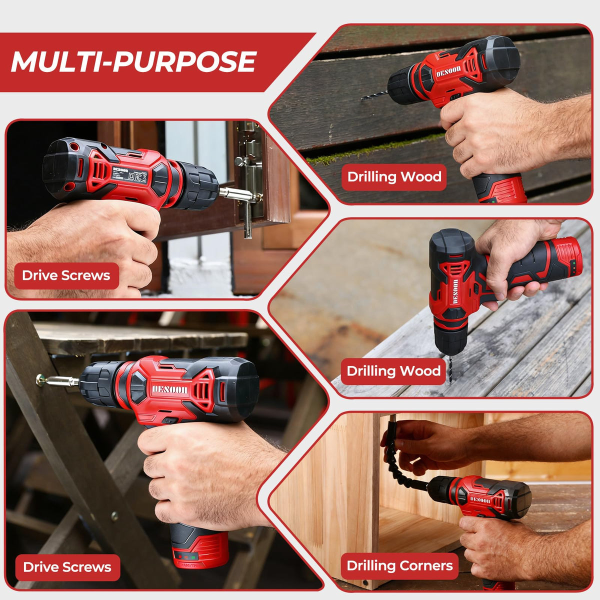 DESOON complete cordless drill set shown with battery and accessories