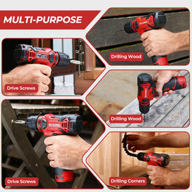 DESOON complete cordless drill set shown with battery and accessories