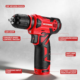 DESOON drill with LED light illuminating tight spaces for precise screw placement