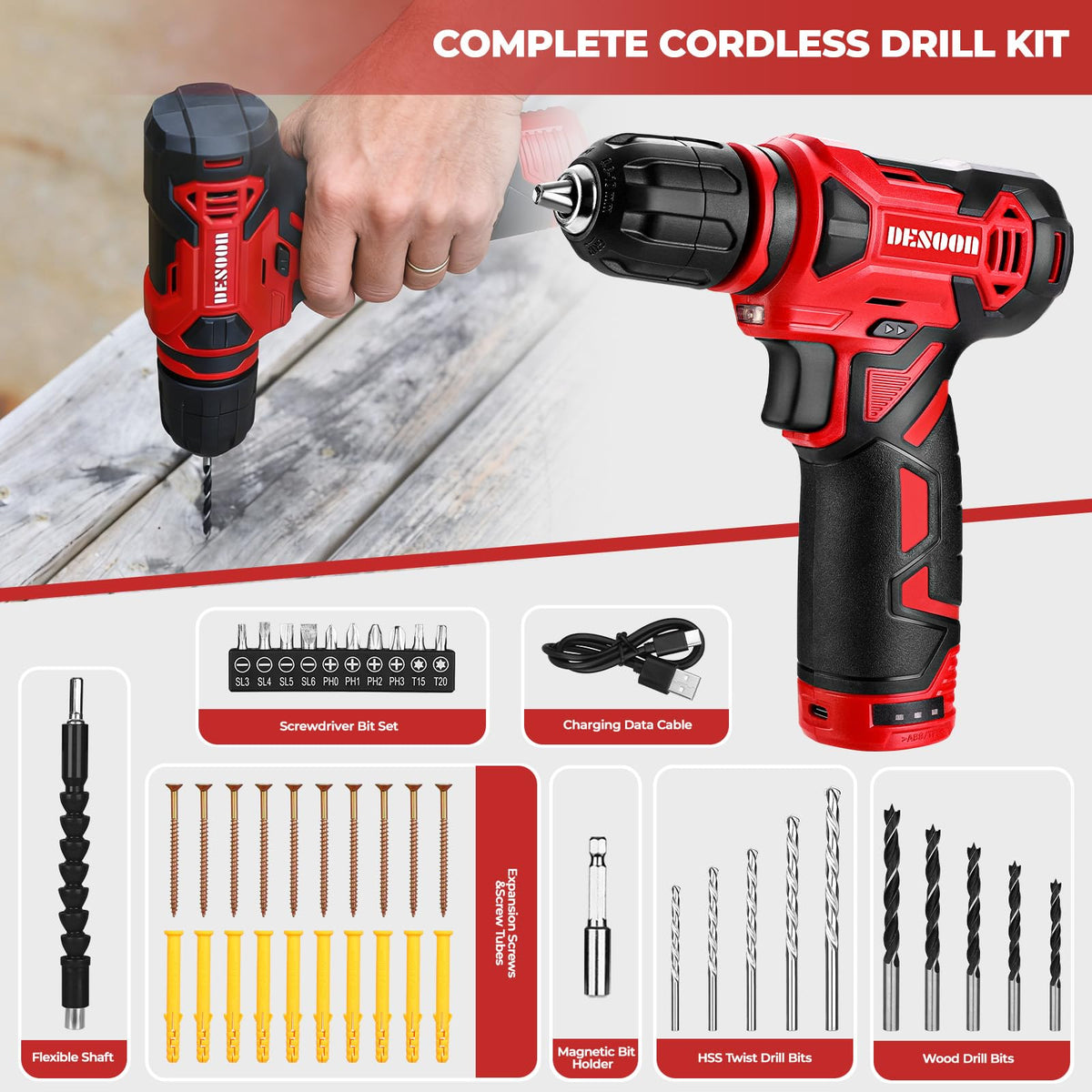 DESOON drill near wall shelf installation demonstrating versatile mounting