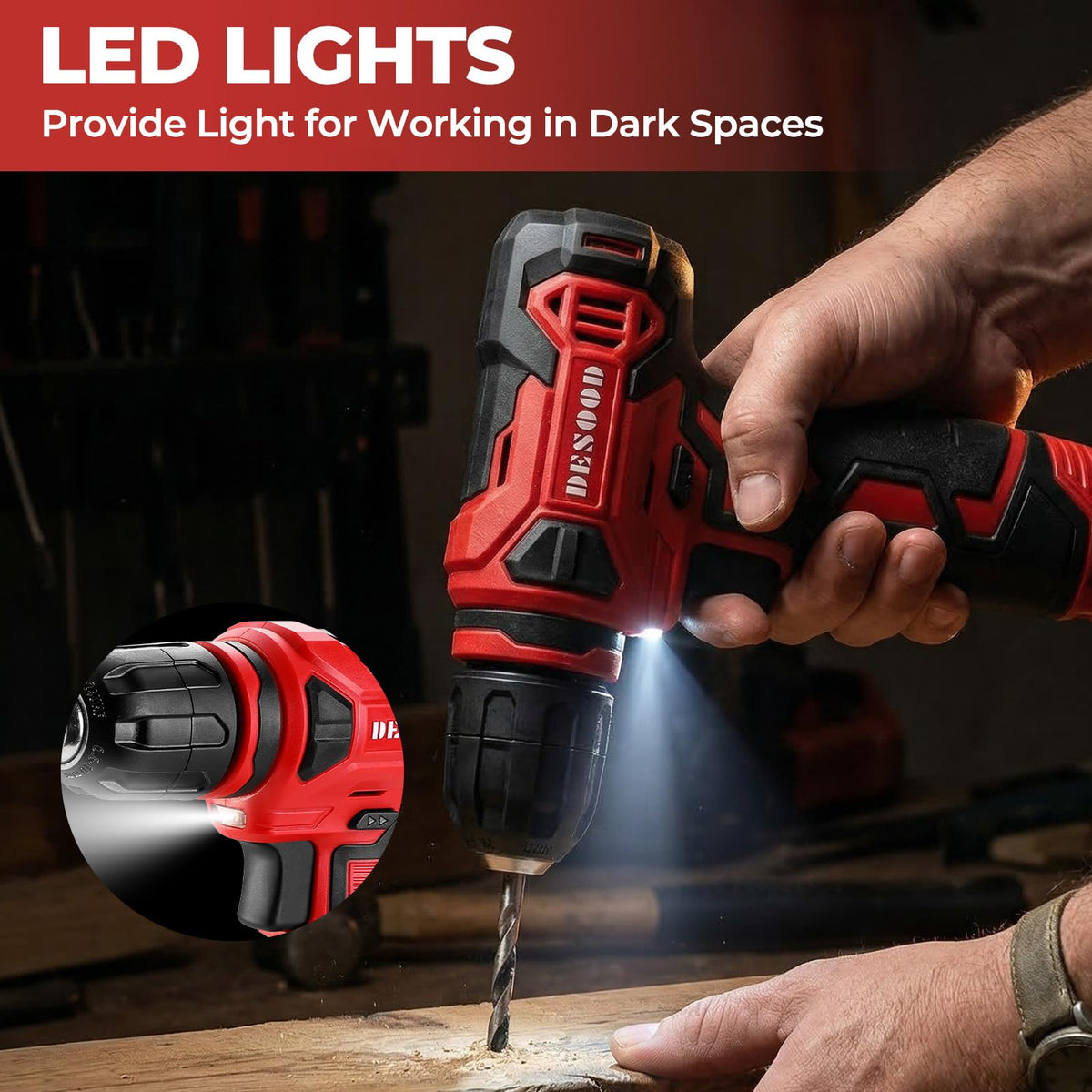 DESOON drill charging with Type-C charger for quick, convenient power