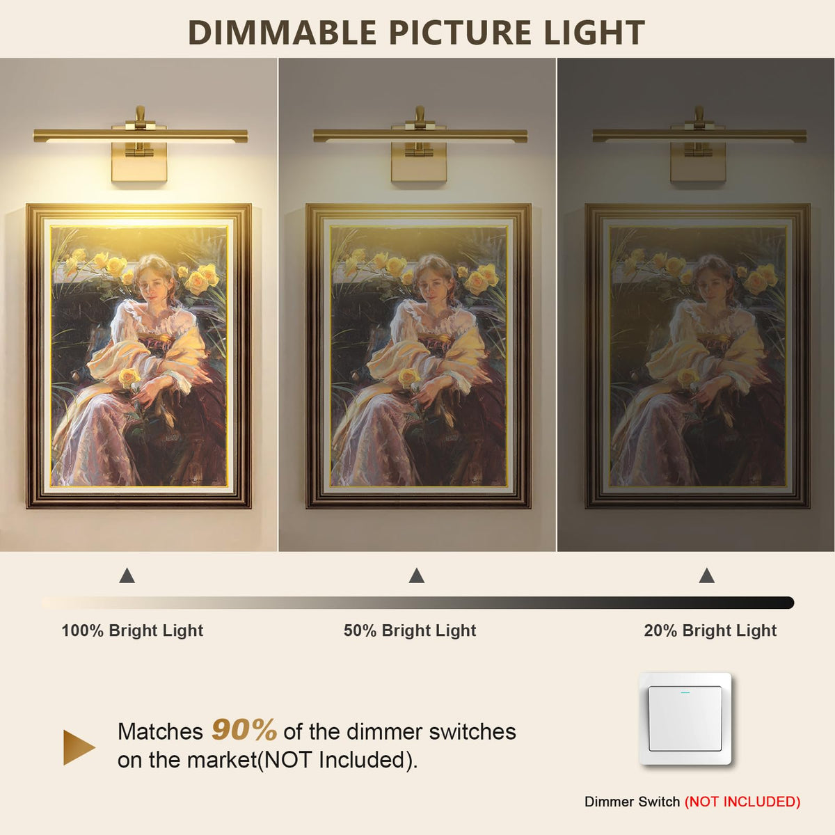 DESOOP brass picture light with 180-degree swing arm highlights canvases from multiple angles.