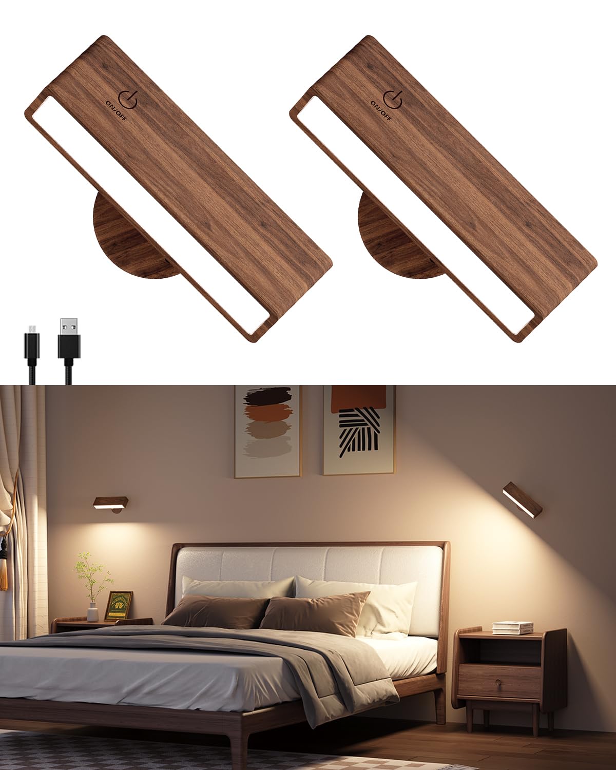 DetarZinLED battery wall sconce with wood aesthetic glows softly in bedrooms.