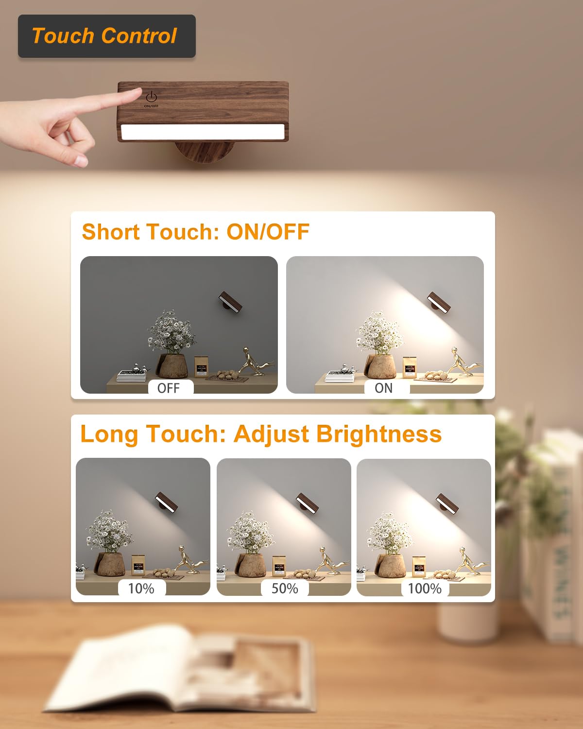 DetarZinLED touch-dimmable wall light offers stepless brightness control for mood matching.