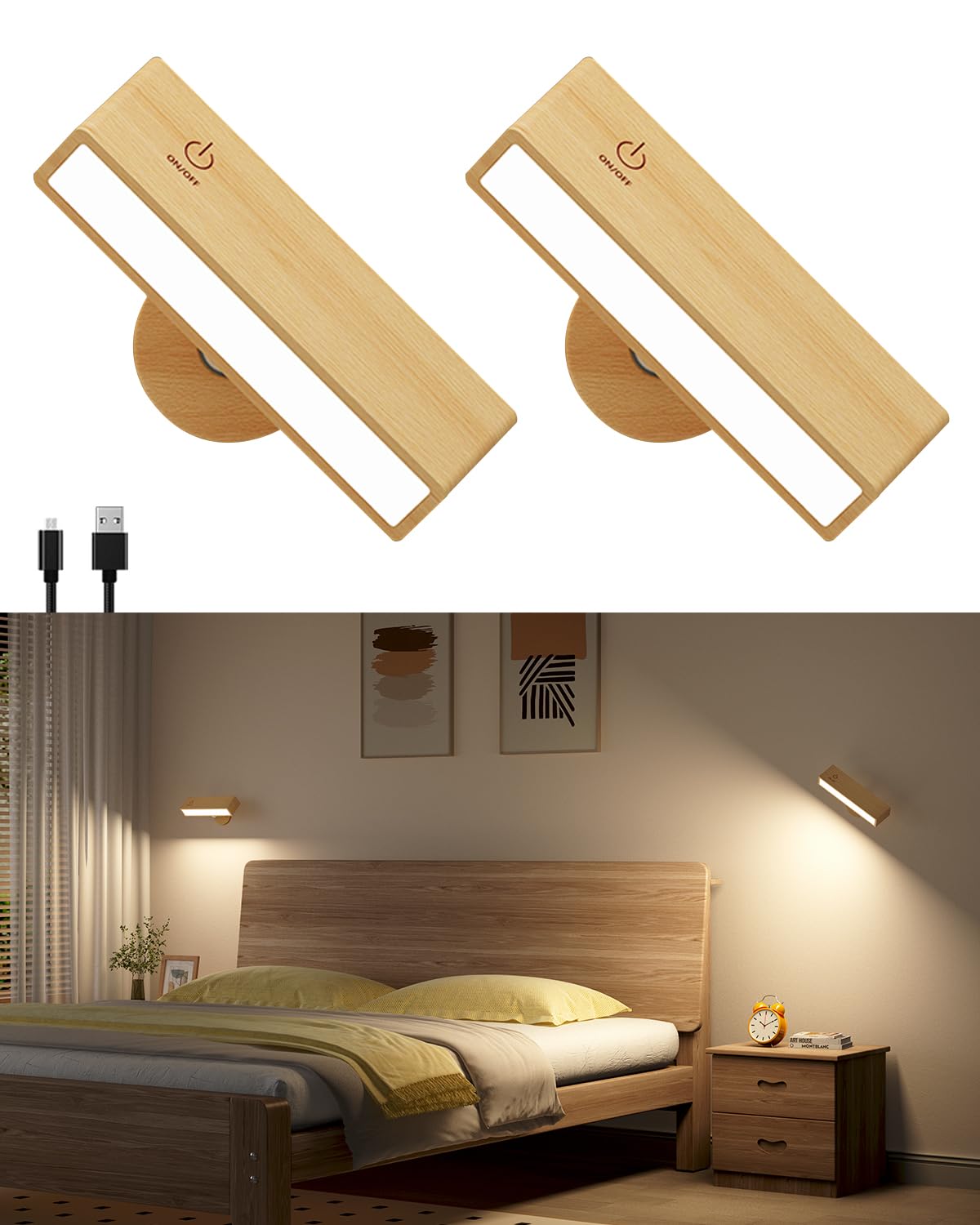 DetarZinLED battery operated wall sconce in wood finish for warm bedside lighting