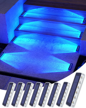 DetarZinLED blue outdoor solar deck lights illuminate steps for safer nighttime patios.