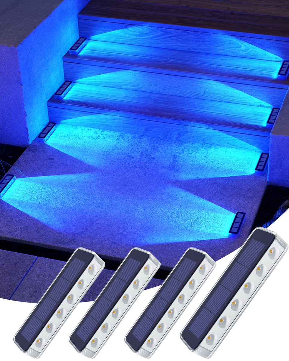 DetarZinLED blue solar light installation on stairs improves outdoor safety and ambience.