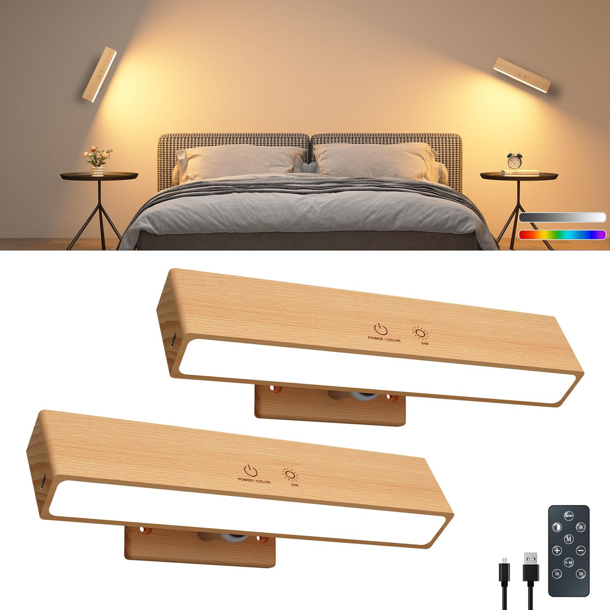 DetarZinLED rechargeable wood wall light duo for cozy bedroom lighting.