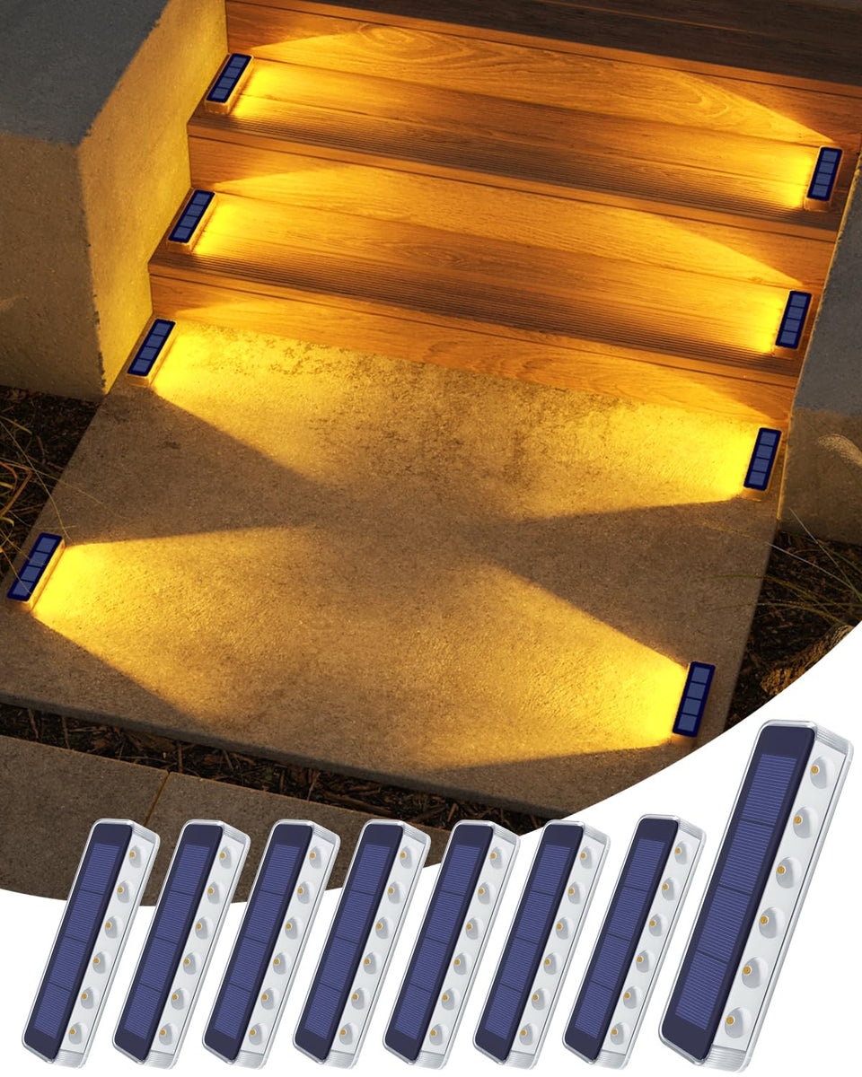 DetarZinLED solar step lights 8-pack illuminate stairs for safer evenings.