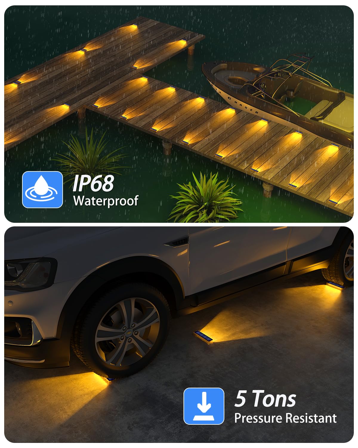 DetarZinLED warm white deck light casting a welcoming glow