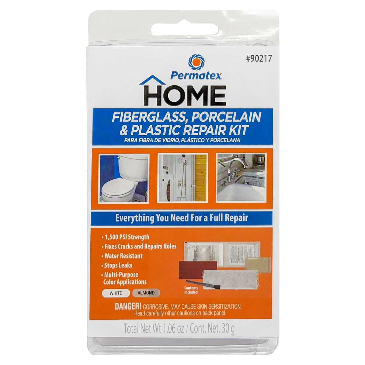 AP Products Devcon repair kit for fiberglass porcelain and plastic in White Almond; ideal for indoor fixes.