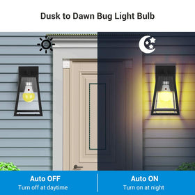DEWENWILS A19 bulb for patio area with amber glow and bug-repellent effects.