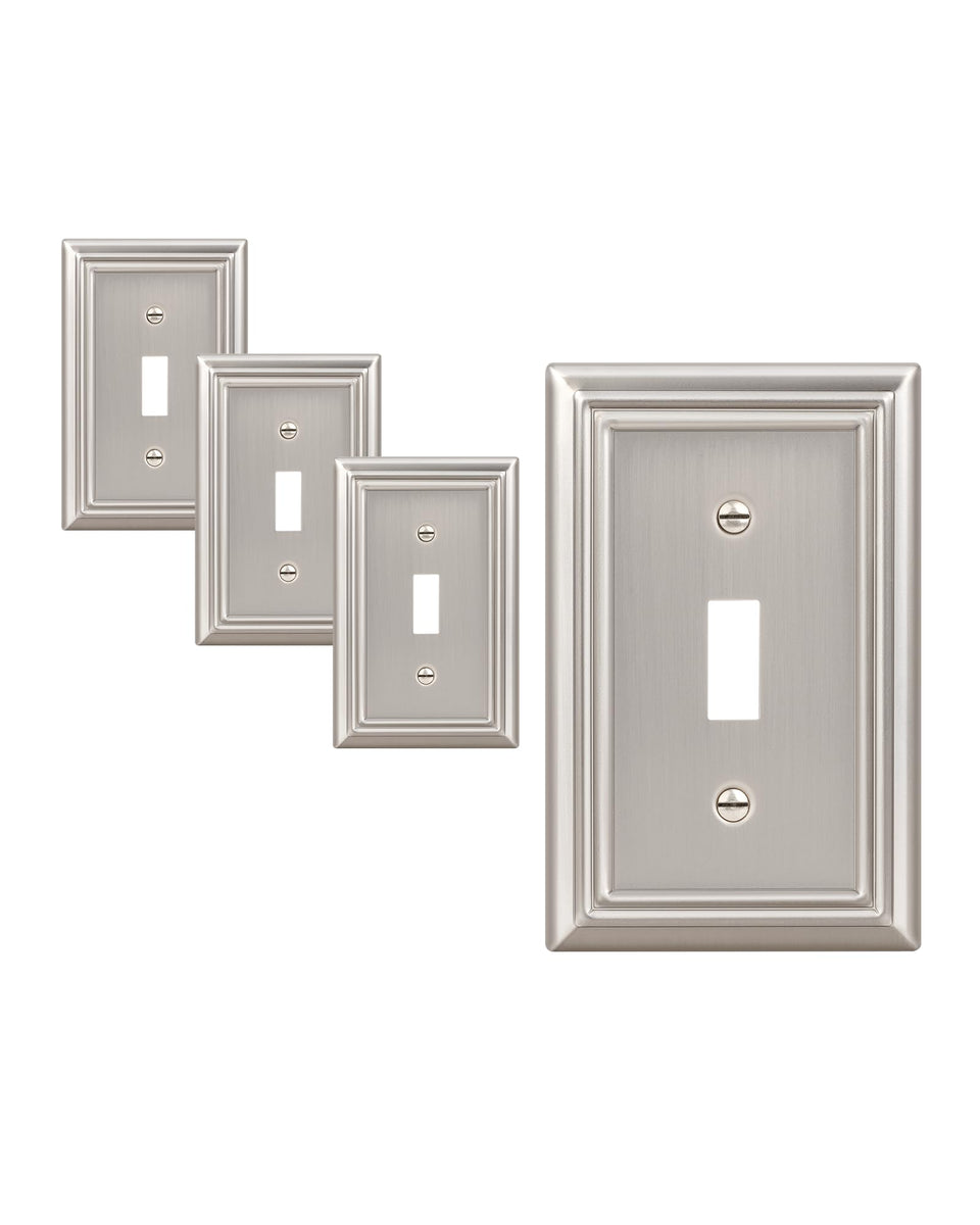 DEWENWILS 4-pack metal wall plates with brushed nickel finish, durable and easy to clean.