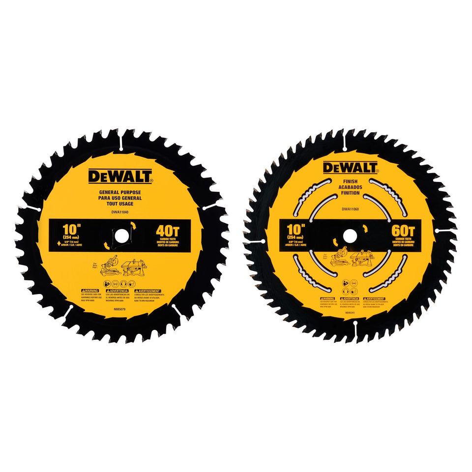 DEWALT 10in 40T blade close-up highlighting carbide teeth for clean cuts.