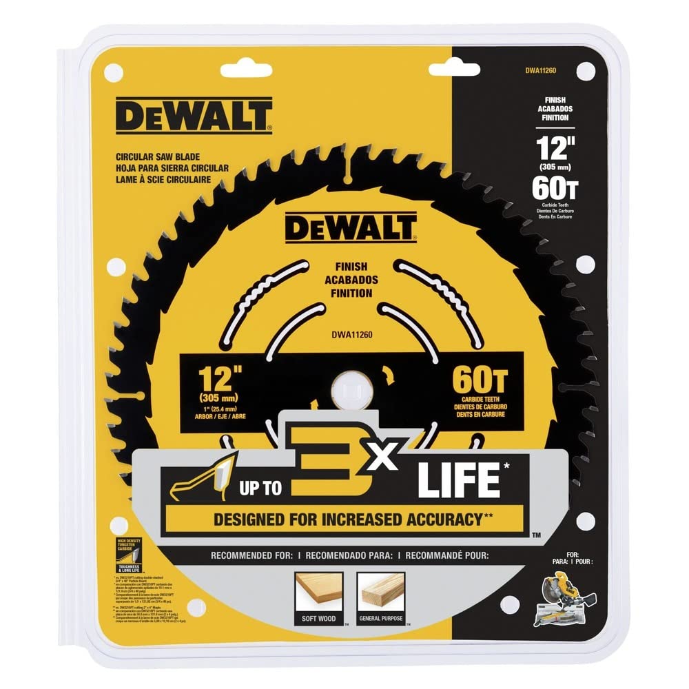 DEWALT 12-inch 60T carbide teeth deliver crisp cuts and extended blade life.
