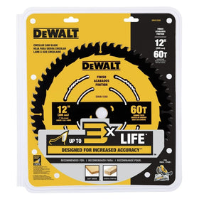 DEWALT 12-inch 60T carbide teeth deliver crisp cuts and extended blade life.