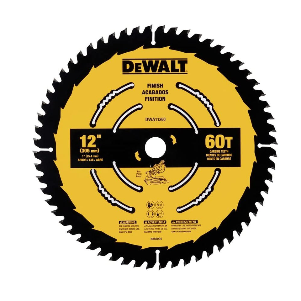 DEWALT 12-inch 60T finish saw blade with low vibration body slots for smoother cuts.