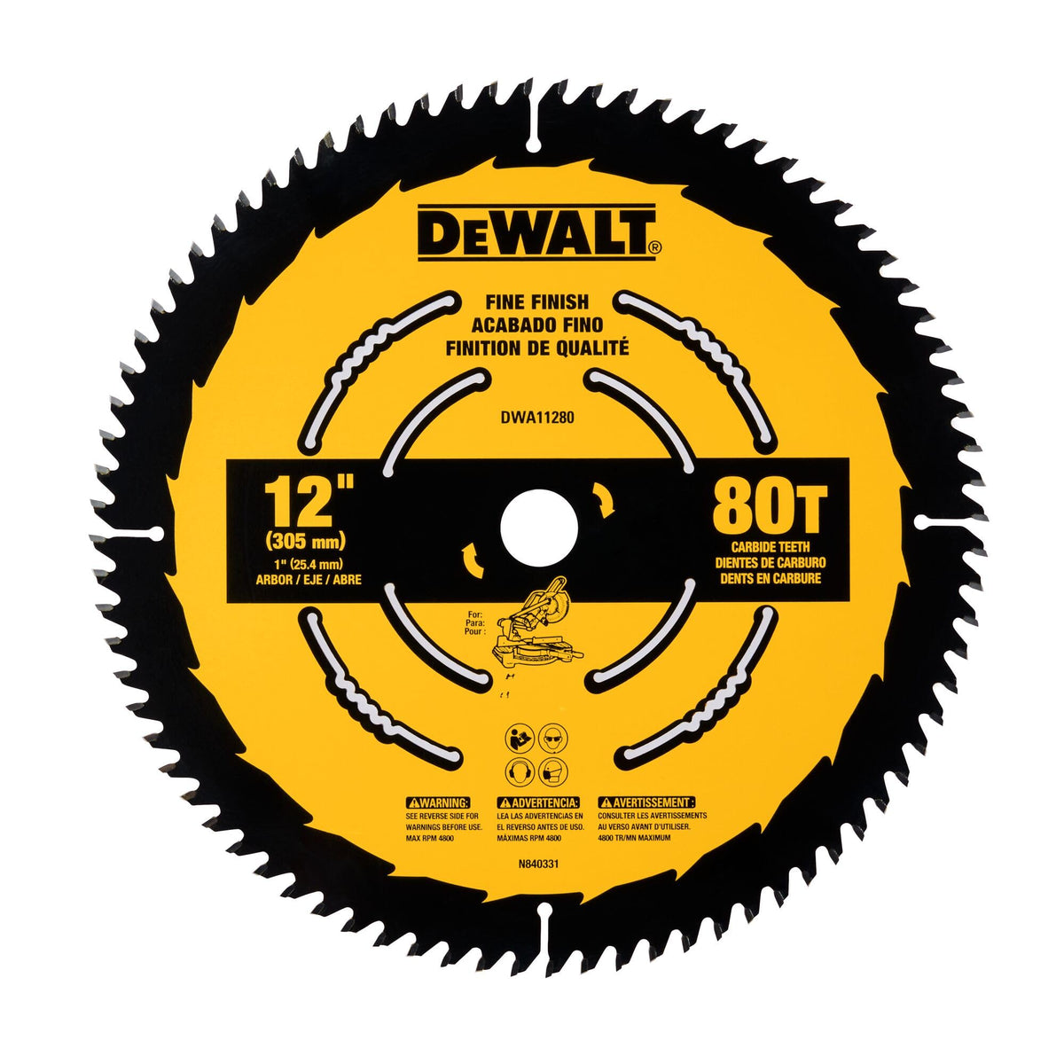 DEWALT 12in 80T carbide blade close-up showing sharp teeth for clean cuts
