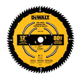 DEWALT 12in 80T carbide blade close-up showing sharp teeth for clean cuts