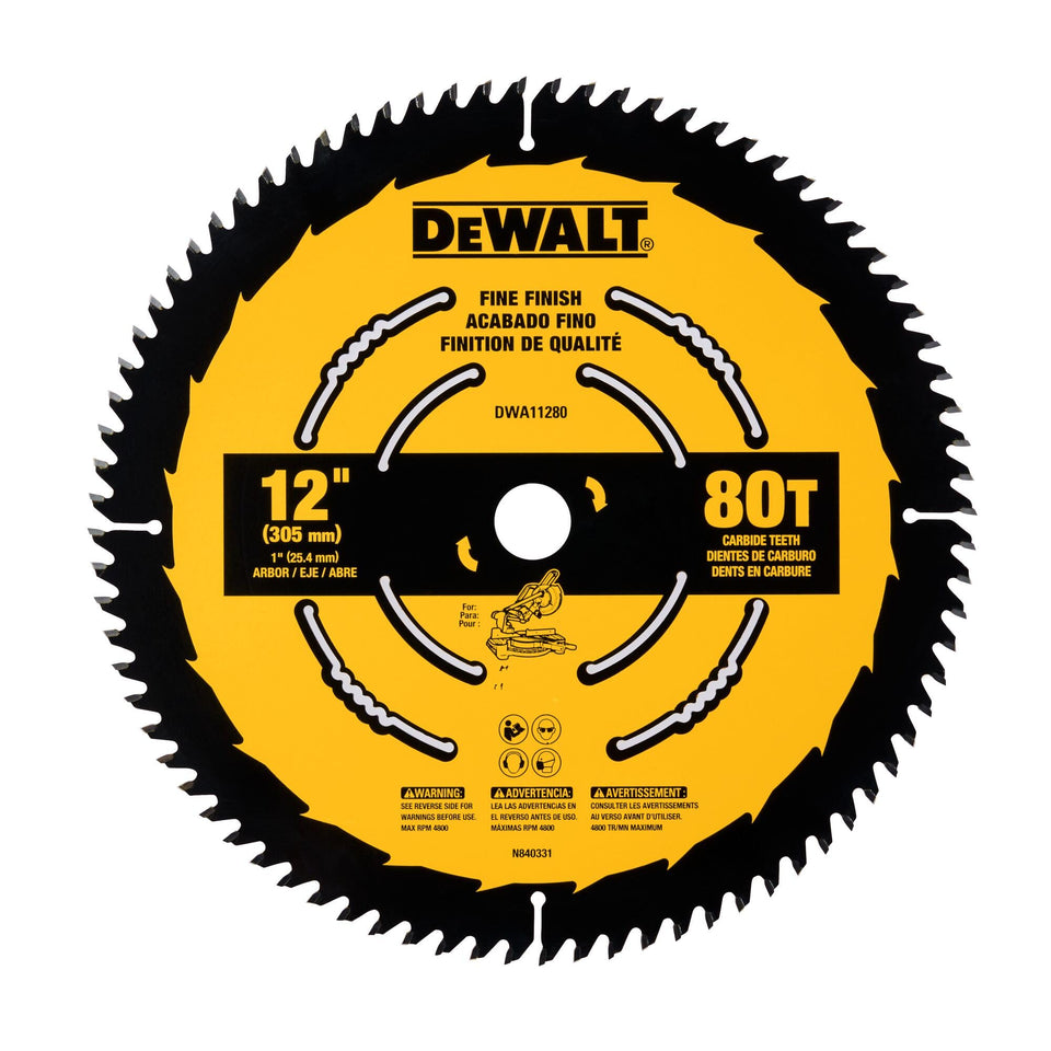 DEWALT 12in 80T carbide blade close-up showing sharp teeth for clean cuts