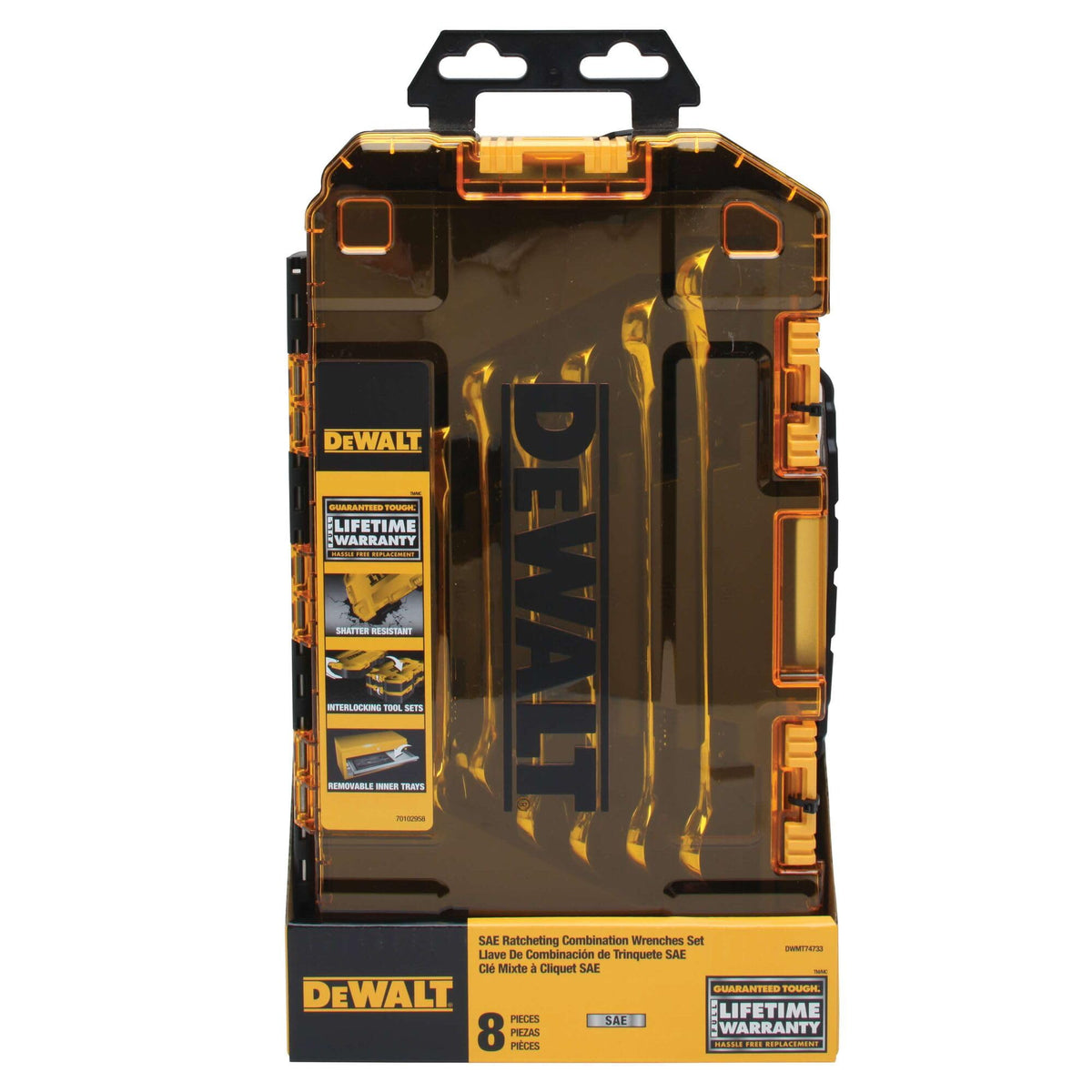 DEWALT 15-degree offset open end reaches bolts in cramped spaces.
