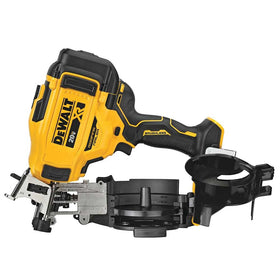 DEWALT 15-degree roofing nailer shown in compact design for easy roof access.