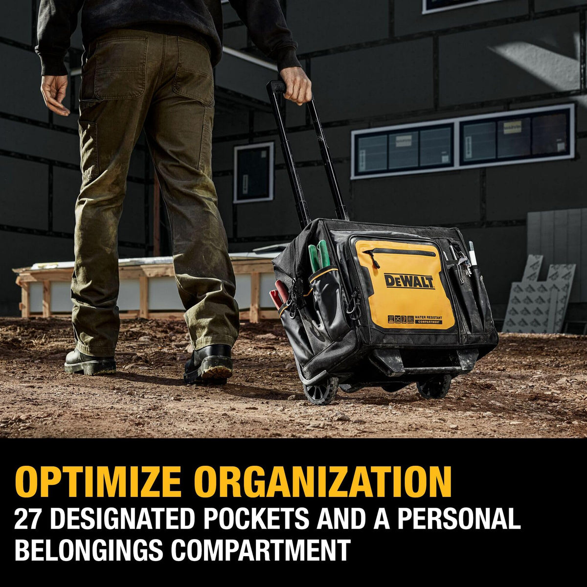 DEWALT bag uses 1680 denier fabric for durable, long-lasting site use.