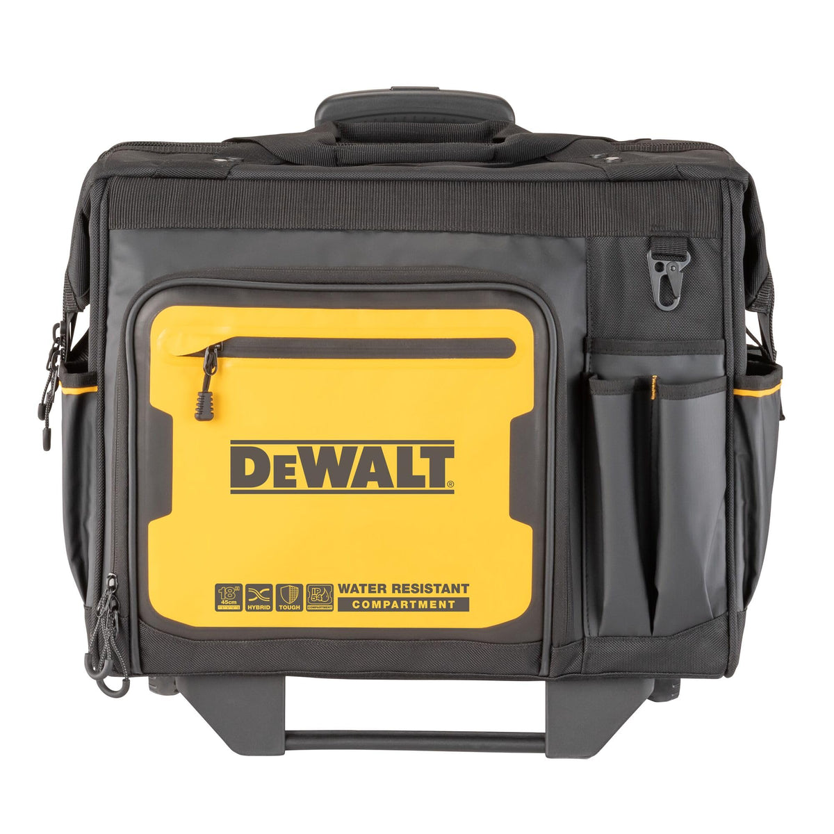 DEWALT 18-inch rolling tool bag with 27 pockets keeps tools organized on site.