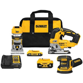 DEWALT 20V MAX router with LED base illuminates the routing work surface.