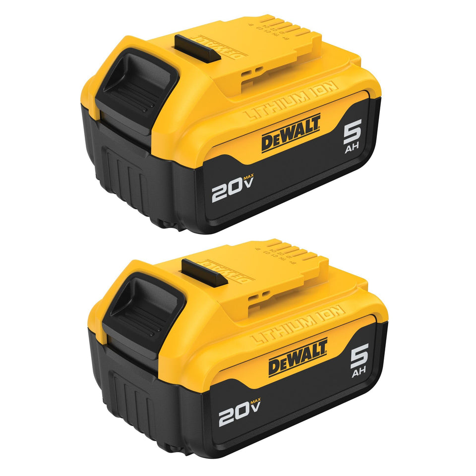 DEWALT 20V MAX 5Ah battery pack front view for extended runtime on tough jobs.
