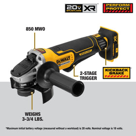 DEWALT 20V MAX angle grinder brake system stops the wheel rapidly.
