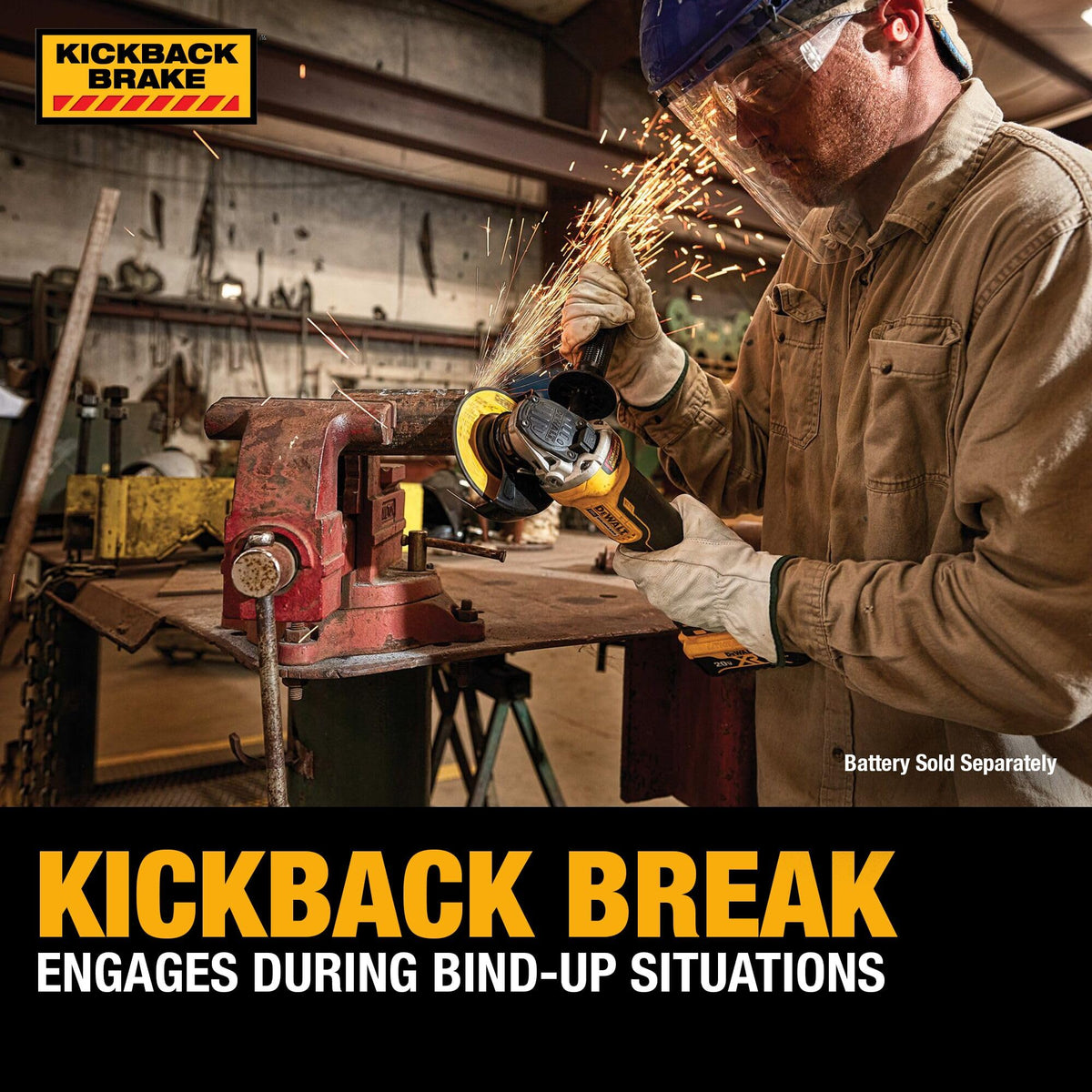 DEWALT 20V MAX angle grinder two-stage trigger prevents accidental starts.