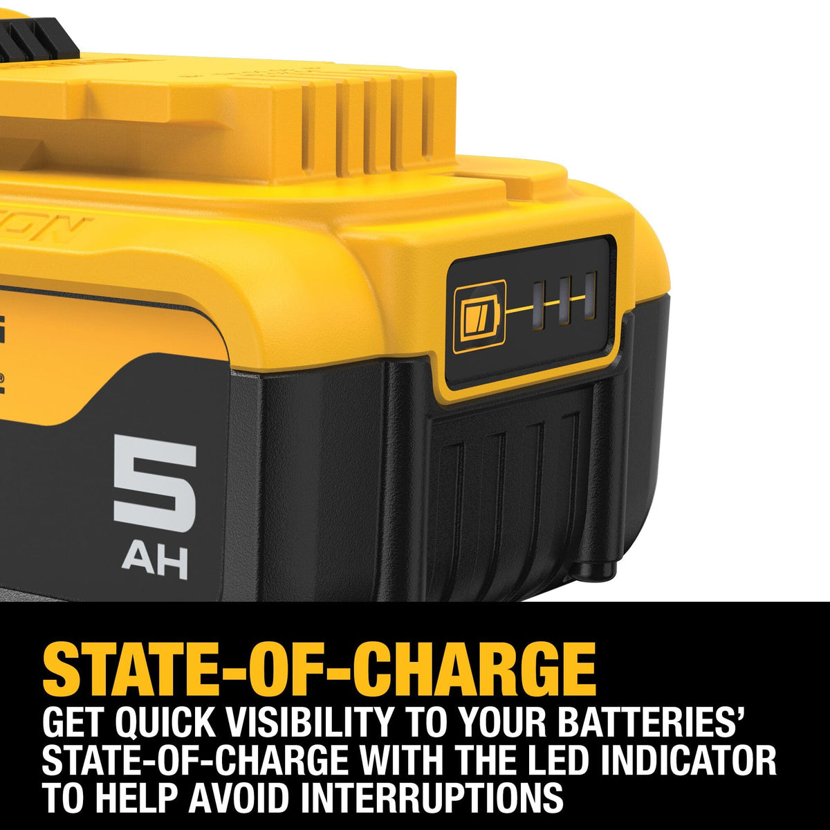 DEWALT 20V Max 5Ah battery held in hand for balance and feel