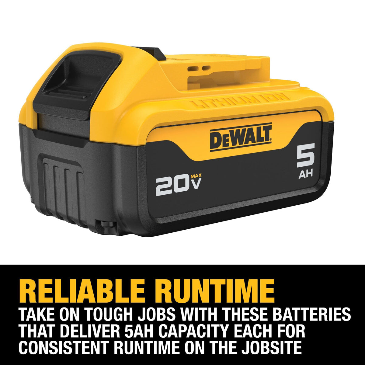 DEWALT 20V Max 5Ah battery side view with grip-friendly design